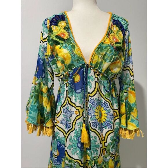 Antica Sartoria NWT lemons blue floral pattern beaded tie front long maxi cover - Picture 3 of 16